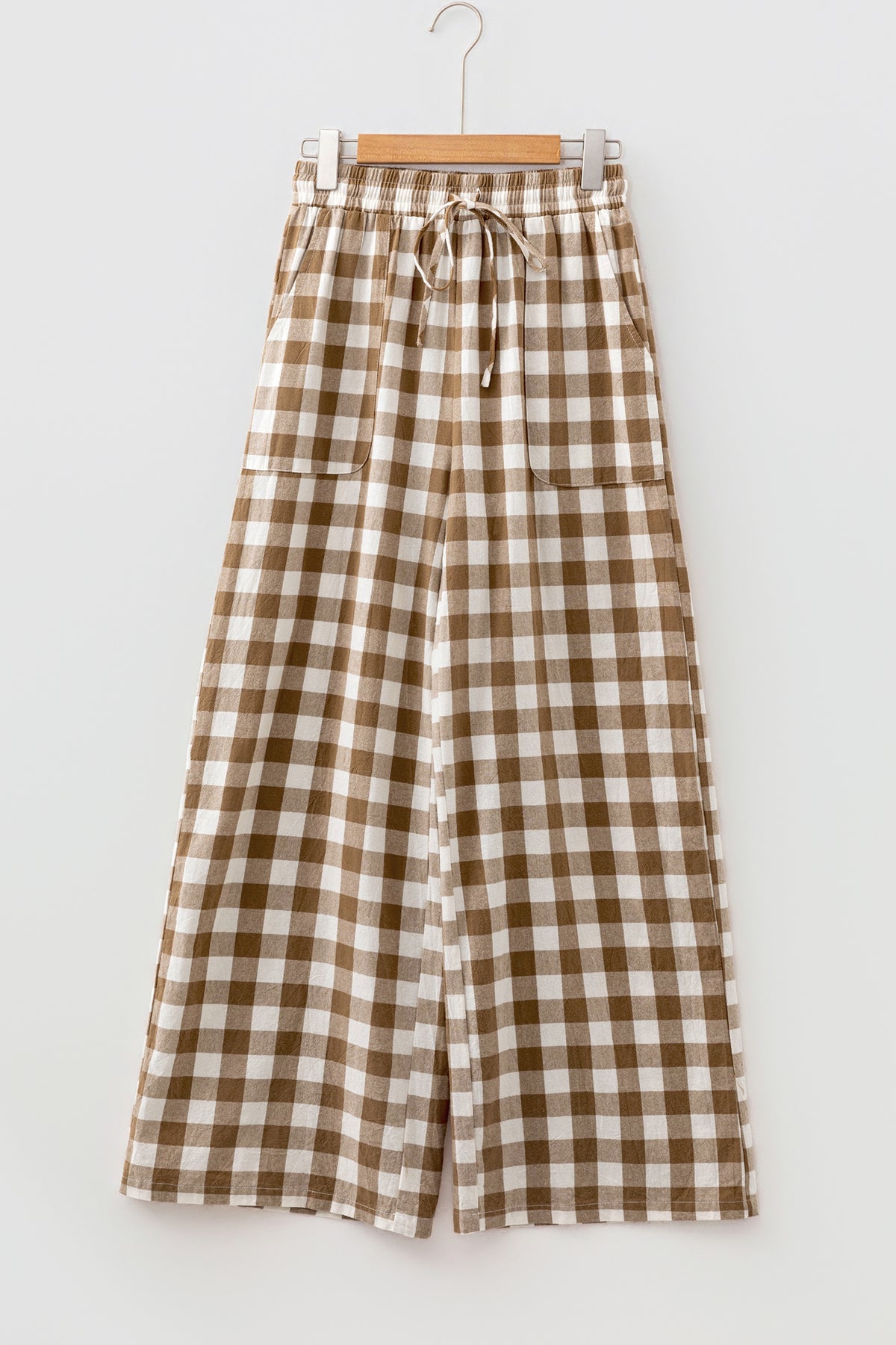 Brown gingham plaid tie elastic waist shift pants from Dear-Lover, showcasing the stylish pattern and comfortable fit.
