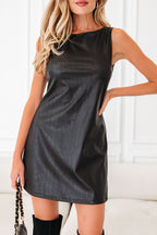 Coffee Vegan Leather Sleeveless Mini Dress