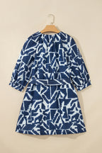Blue Abstract Geometric Print Zip Front Tie Waist Shift Dress