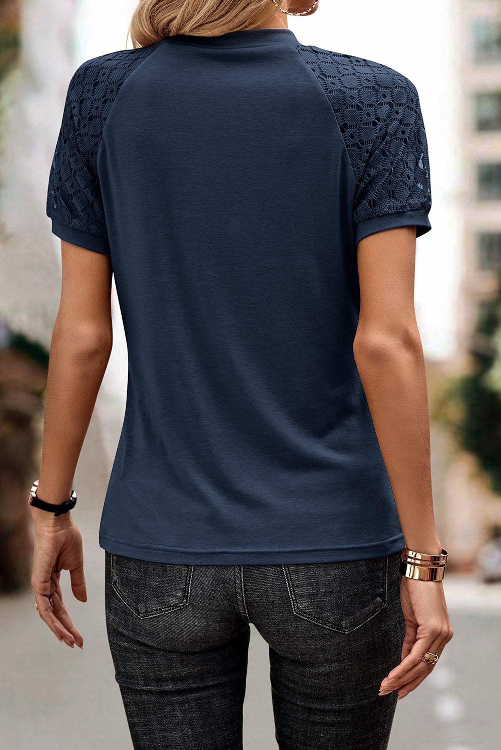 Mist Blue Seamed Detail Contrast Lace Raglan Sleeve Tee