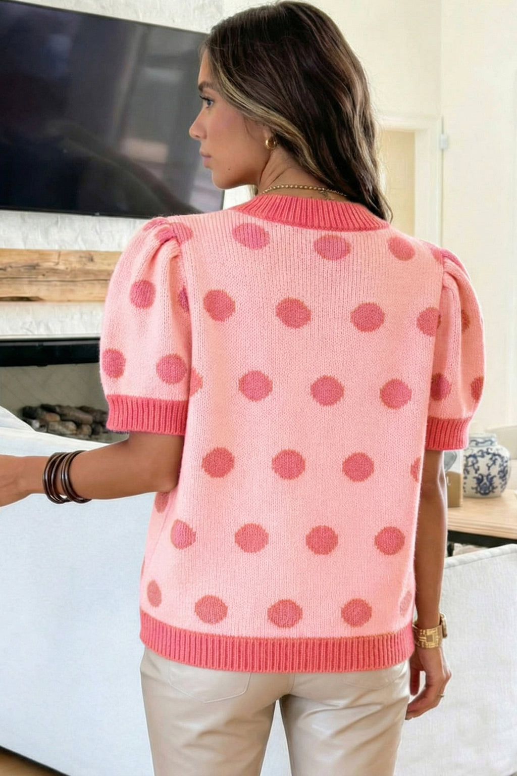 Rose Red Polka Dot Puff Short Sleeve Sweater Top