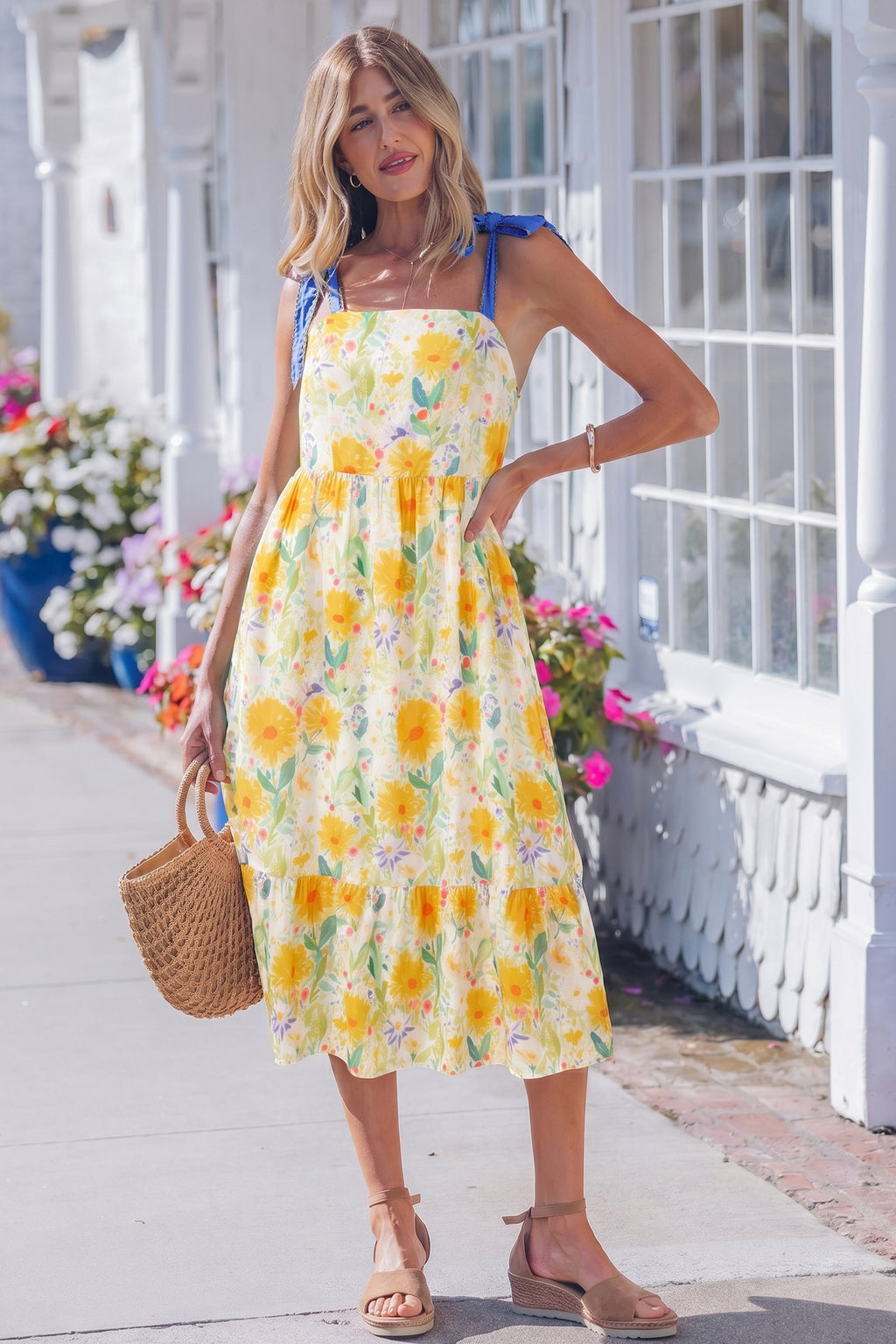 Red Floral Print Contrast Stitched Knot Denim Straps High Waist Dress