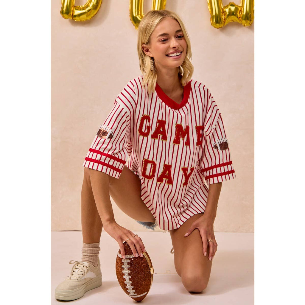 GAMEDAY THEME STRIPE KNIT TOP WITH SLEEVE PATCHED