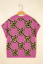 Black Leopard Checkerboard Short Sleeve Knit Sweater
