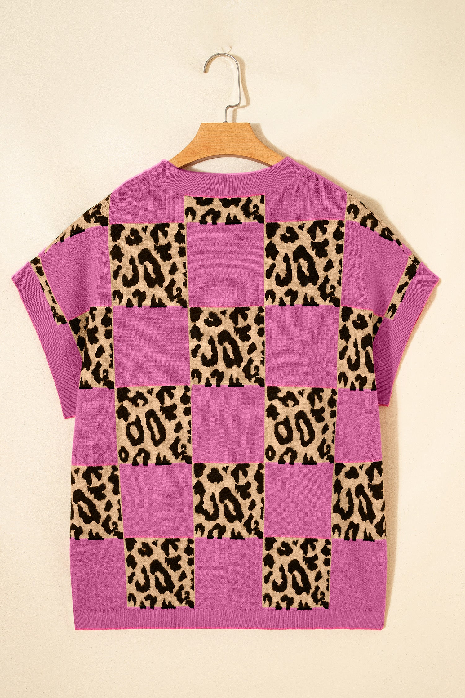 Black Leopard Checkerboard Short Sleeve Knit Sweater
