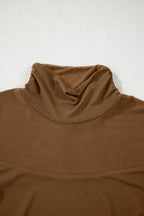 Coffee Sheer Mesh Patchwork High Neck Long Sleeve Top