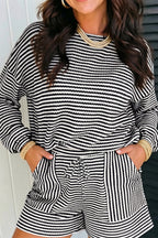 Brown Stripe Textured Knit Long Sleeve Top Elastic Waist Shorts Casual Outfit