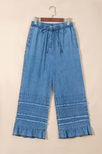 Dusk Blue Ruffled Hem Wide Leg Chambray Pants