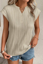 Apricot Wavy Textured Button V Neck Tee
