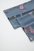 Beau Blue Floral Print Elastic Waist Pull On Casual Jeans