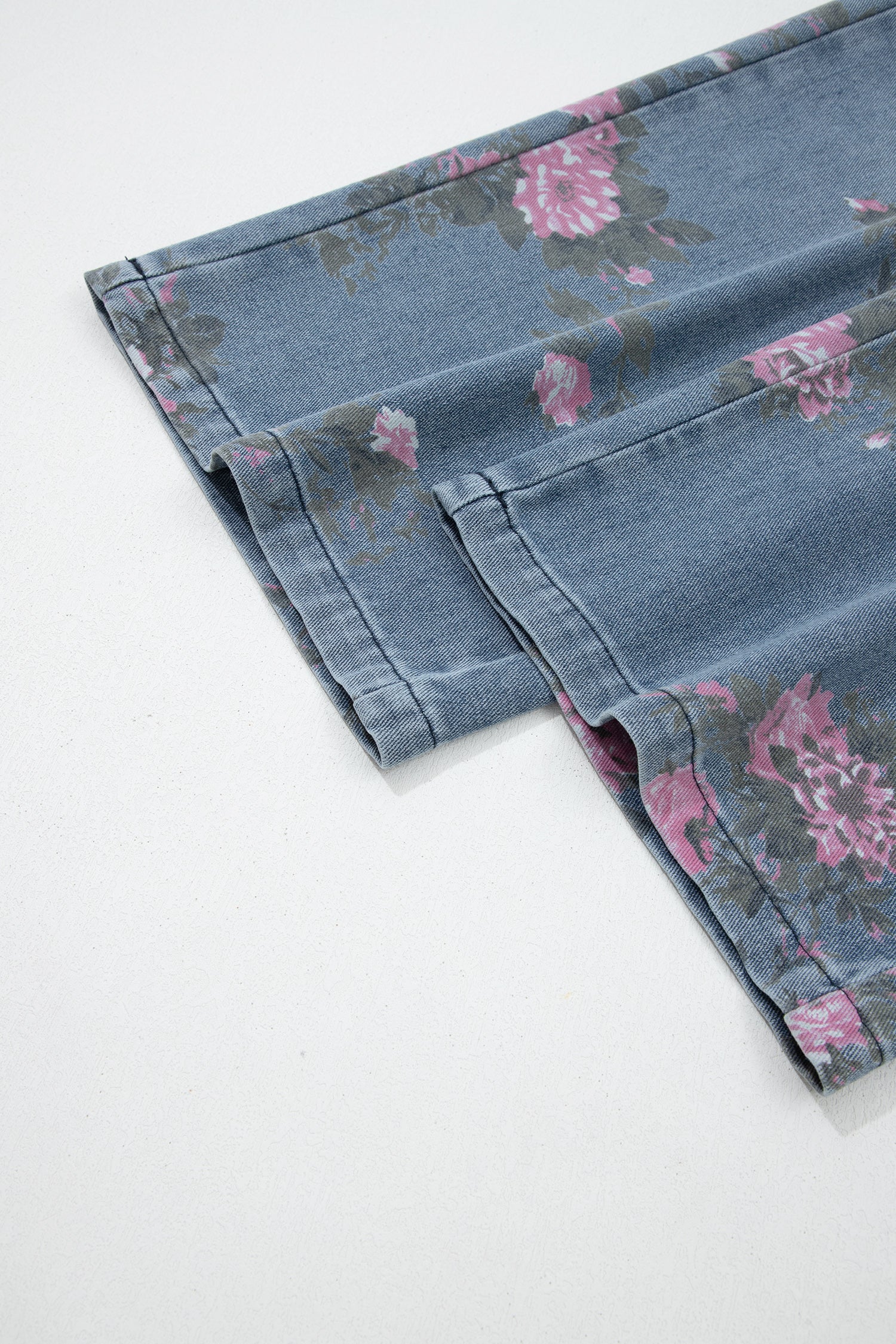 Beau Blue Floral Print Elastic Waist Pull On Casual Jeans