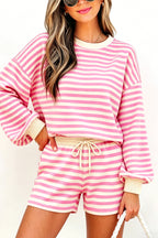 Pink Striped Long Sleeve Crew Neck Drawstring Waist Shorts Set