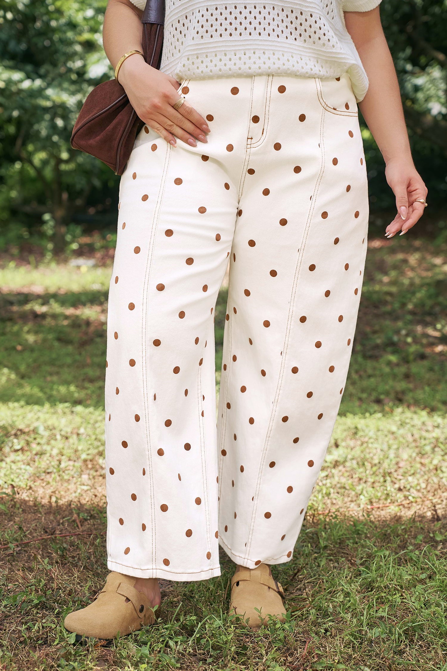Beige Polka Dot Print Plus Size Barrel Jeans