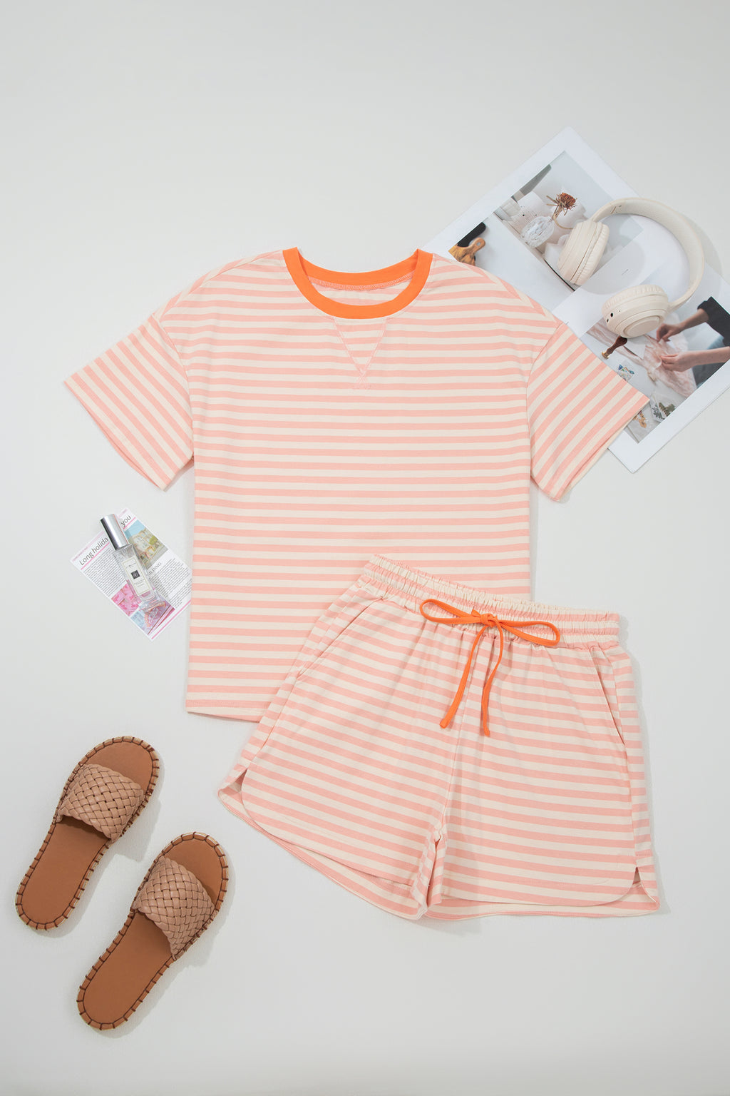 Stripe Contrast Neck Loose Tee and Drawstring Shorts Set