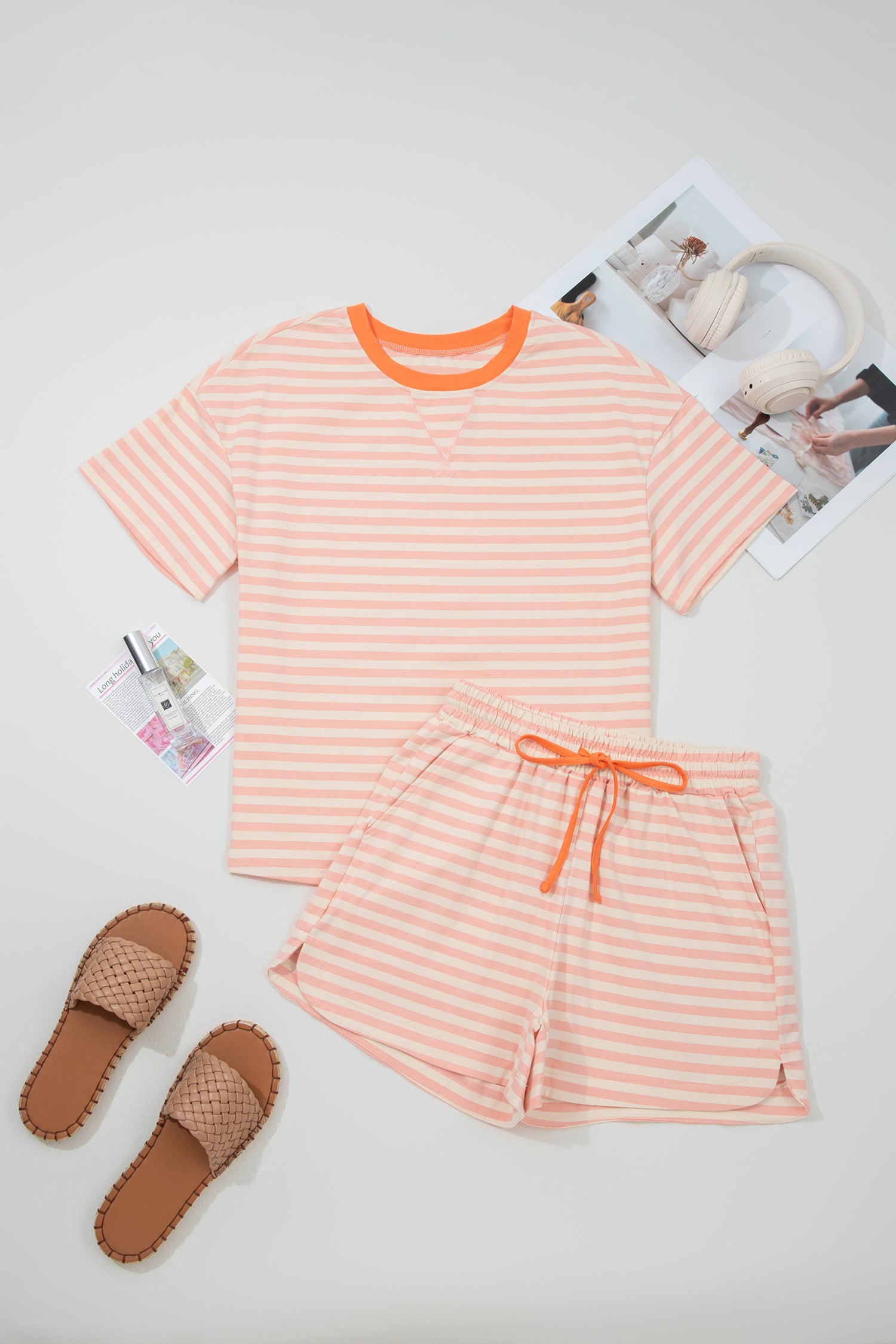 Stripe Contrast Neck Loose Tee and Drawstring Shorts Set