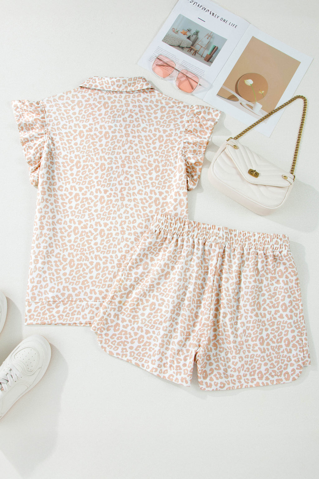 Beige Leopard Zip Polo Top 2pcs Short Set