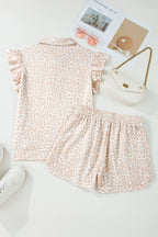 Beige Leopard Zip Polo Top 2pcs Short Set