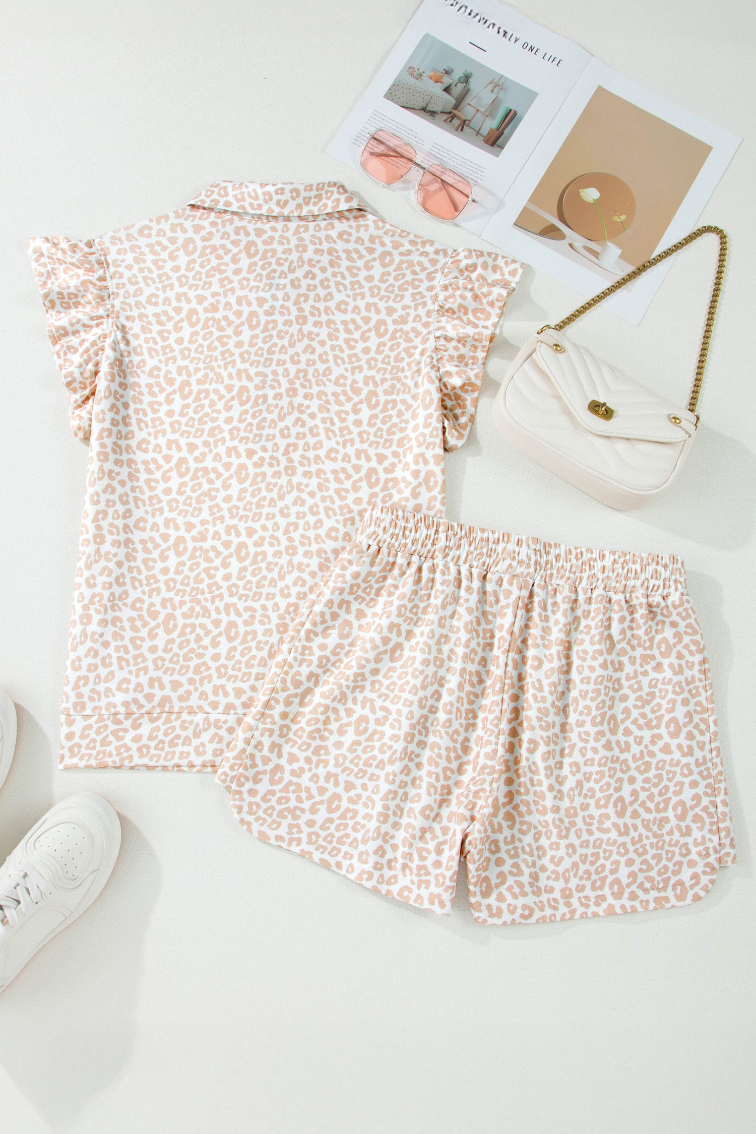 Beige Leopard Zip Polo Top 2pcs Short Set