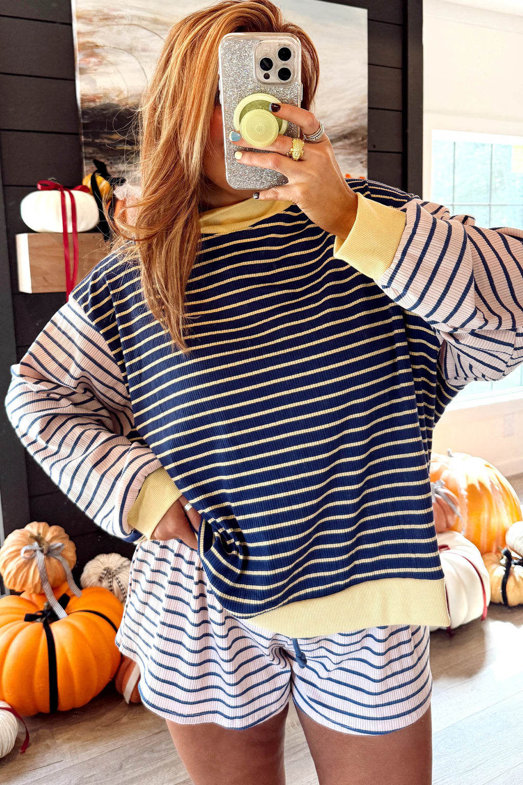 Blue Stripe Color Block Long Sleeve Pullover Ribbed Knit Casual Shorts Set