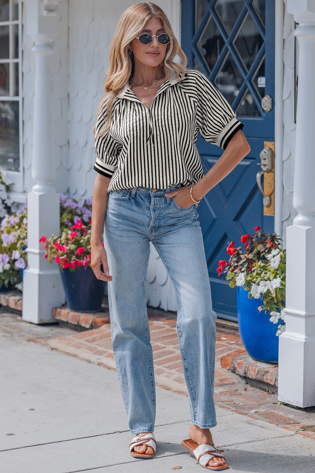 Black Stripe Polo Collar Half Zip Short Puff Sleeve Blouse
