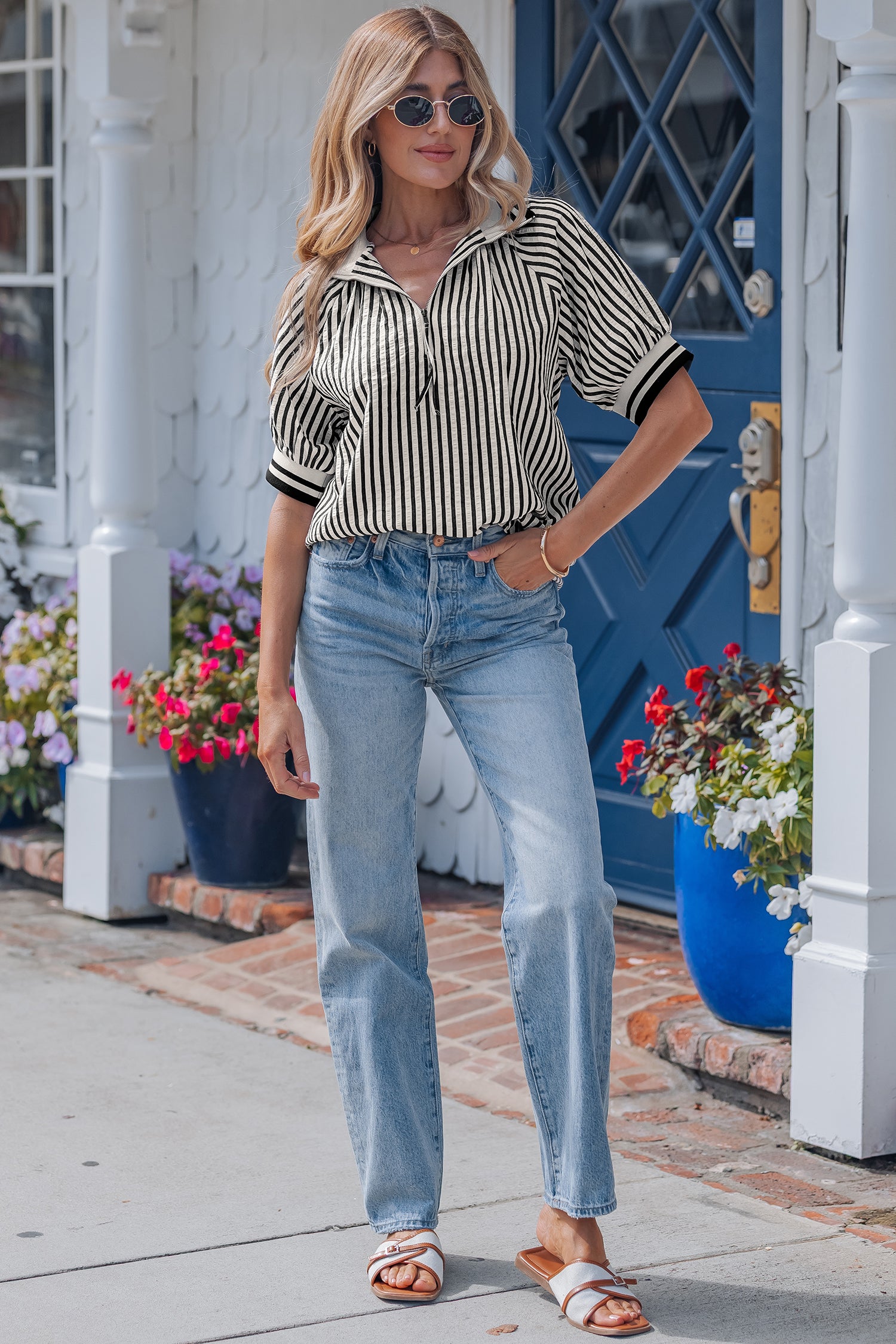 Black Stripe Polo Collar Half Zip Short Puff Sleeve Blouse