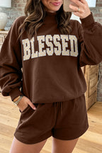 Dark Green Christmas Slogan Print Mock Neck Pullover and Shorts Set