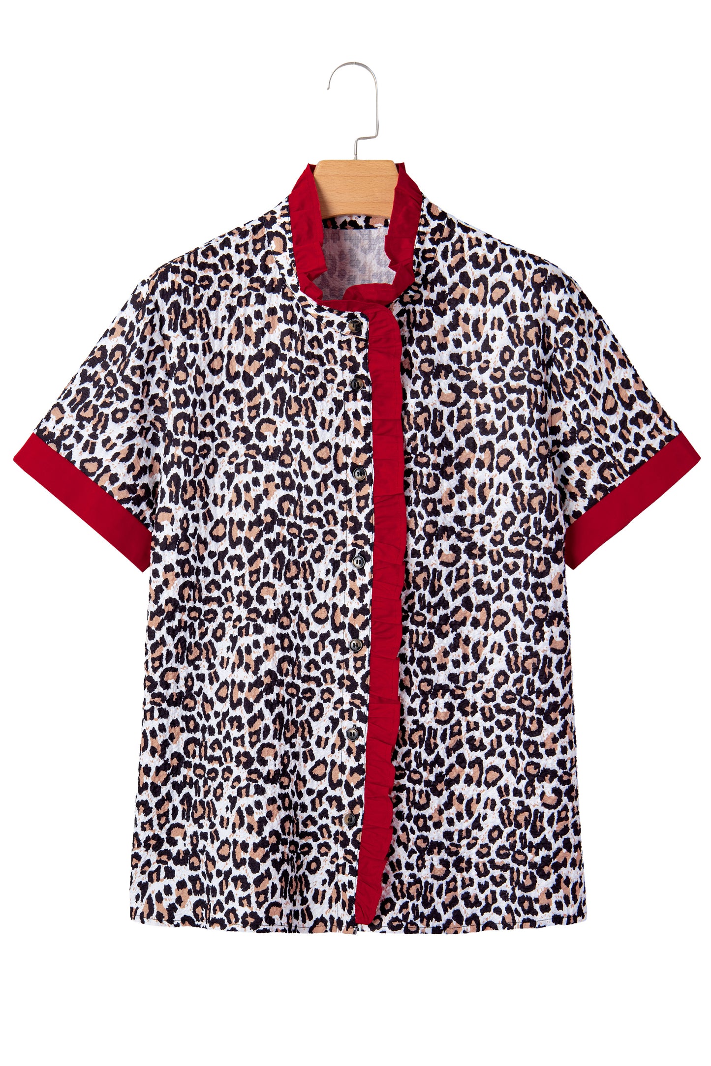 Khaki Contrast Frilled V Neck Trimmed Leopard Shirt