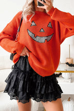 Orange Drop Shoulder Long Sleeve Round Neck Halloween Sweater