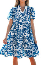 Blue Ricrac Trim Split Neck Floral Loose Dress