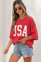 Fiery Red USA Graphic Half Sleeve Loose Ribbed Top