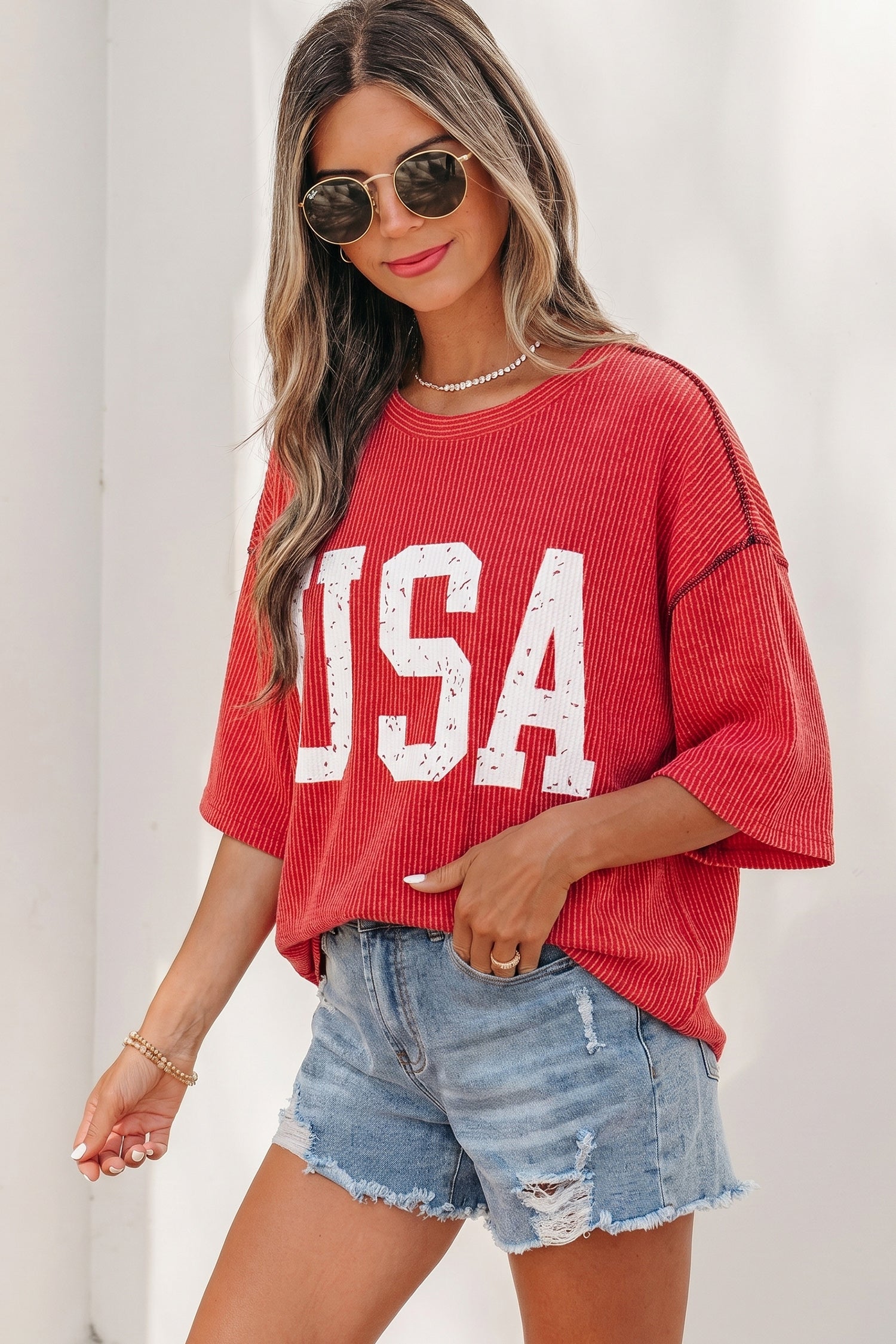 Fiery Red USA Graphic Half Sleeve Loose Ribbed Top