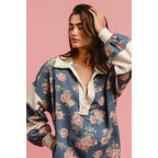 WASHED FLORAL DENIM ROMPER WITH CONTRAST COLLAR