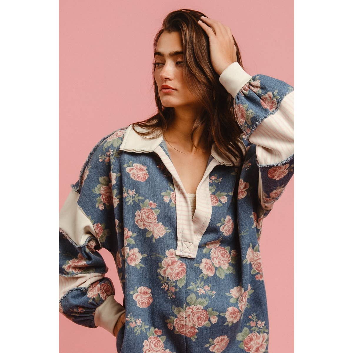 WASHED FLORAL DENIM ROMPER WITH CONTRAST COLLAR
