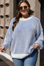 Striped Textured Knit Contrast Edge Loose Sweater