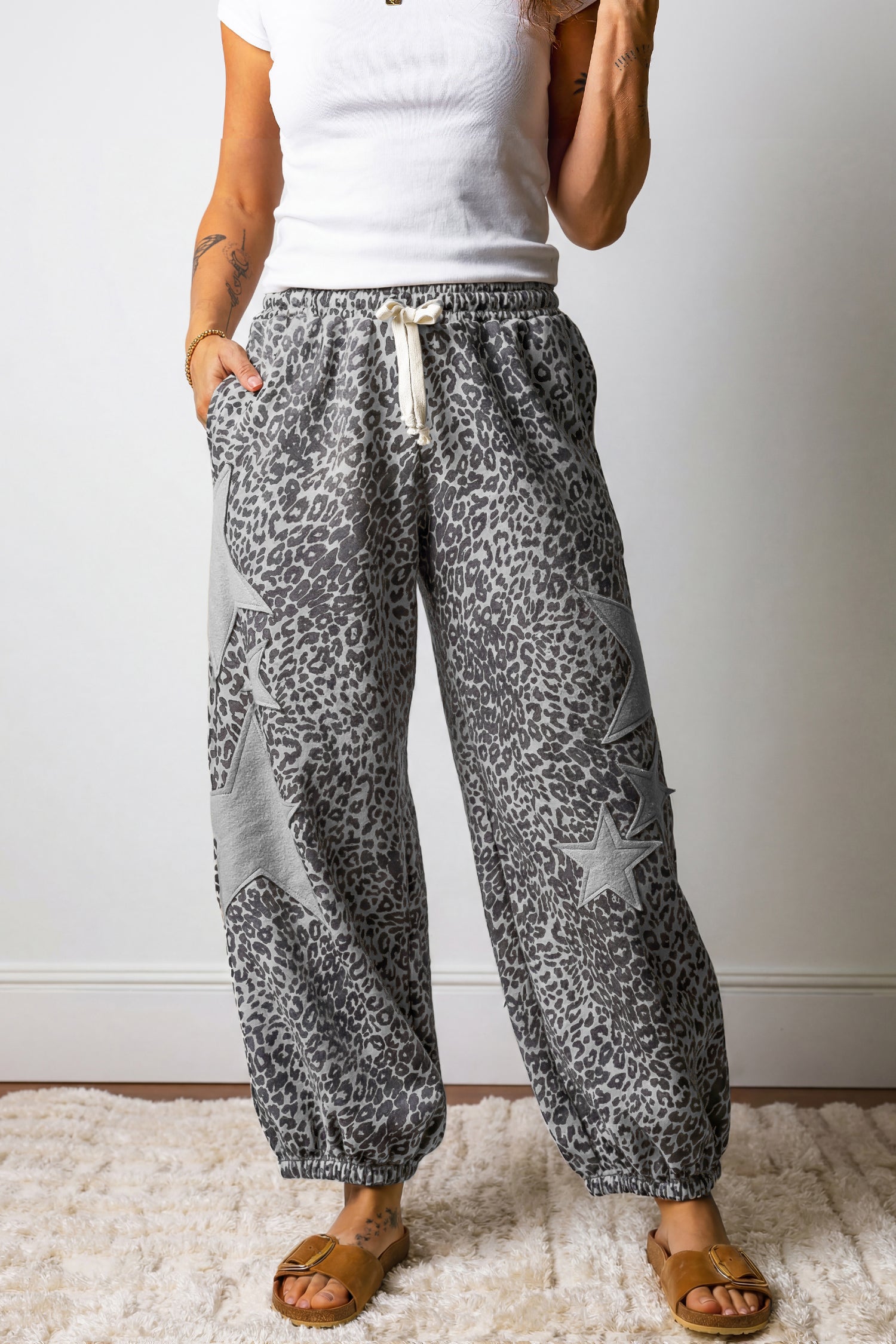 Gray Leopard Print Star Patched Drawstring Elastic Waist Jogger Pants