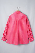 Red Stripe Button-Up Shirt Long Sleeve Patch Pocket Casual Shirt