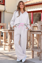 Contrasted Trim Frilled Collar Drop Shoulder Pullover Drawstring Pant Set
