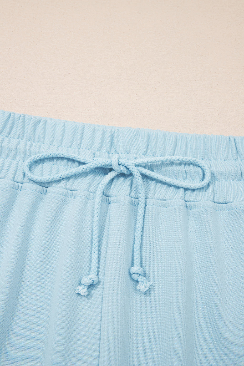 Mist Blue Solid Color Ribbed Trim Short Sleeve Top Drawstring Loose Pants 2pcs Outfit