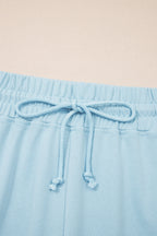 Mist Blue Solid Color Ribbed Trim Short Sleeve Top Drawstring Loose Pants 2pcs Outfit