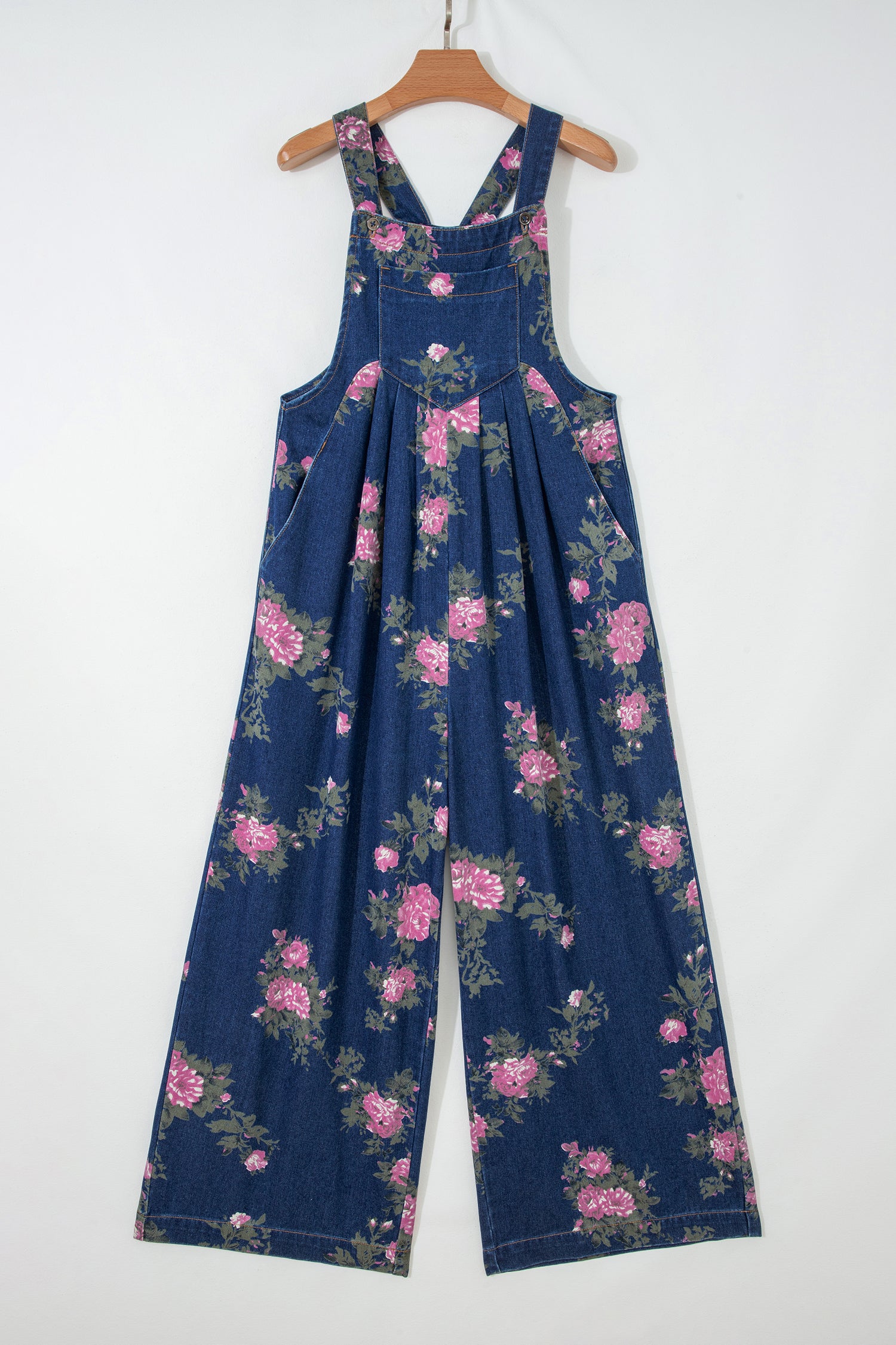 Floral Print Pleated High Waist Wide Leg Denim Jumpsuit