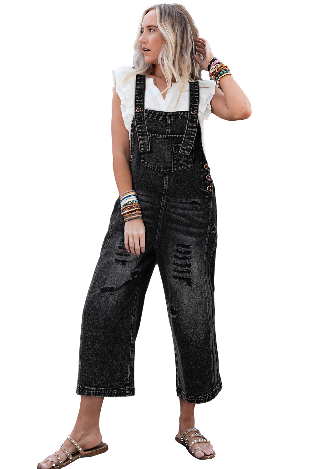 Distressed Bib Pocket Wide Leg Denim Overall