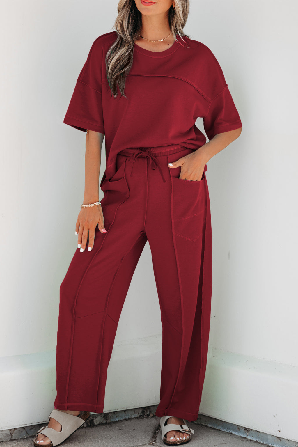 Racing Red Drop Shoulder Boxy Tee and Barrel Pants Set