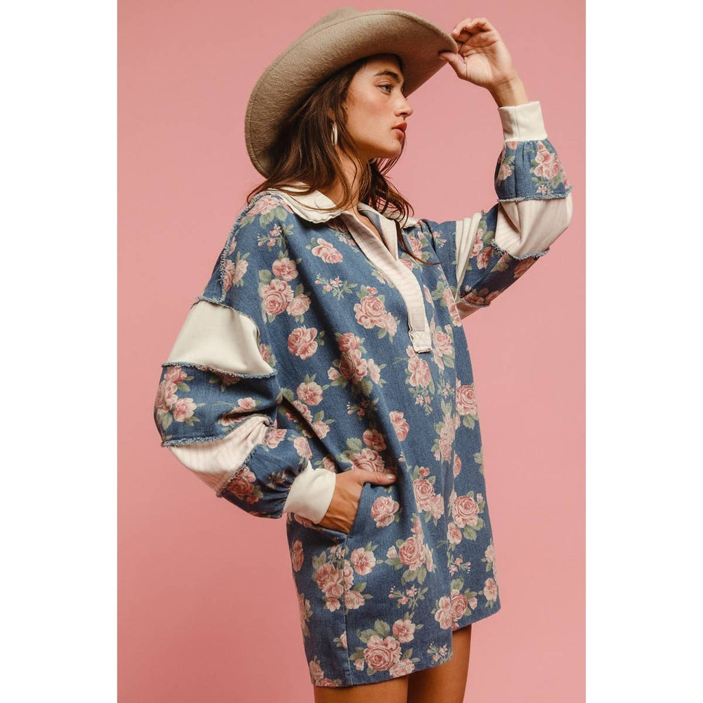 WASHED FLORAL DENIM ROMPER WITH CONTRAST COLLAR