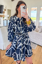 Blue Abstract Geometric Print Zip Front Tie Waist Shift Dress