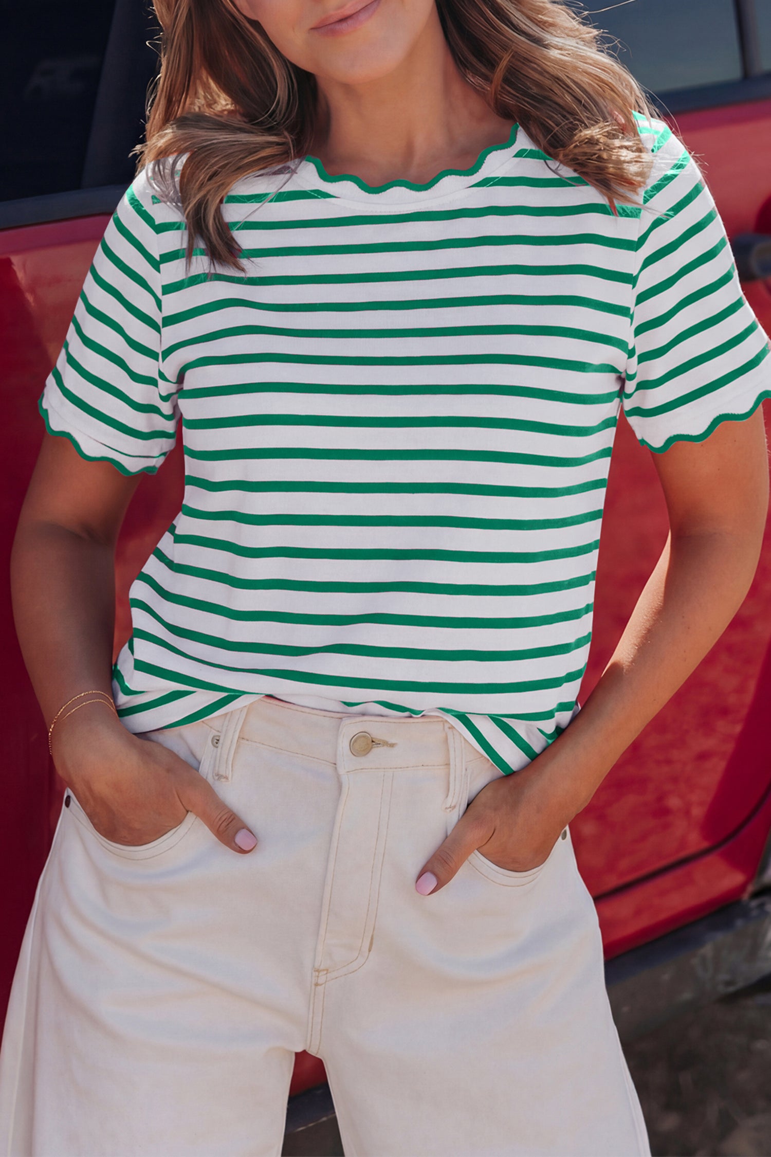 Black Stripe Scalloped Trim Round Neck T Shirt