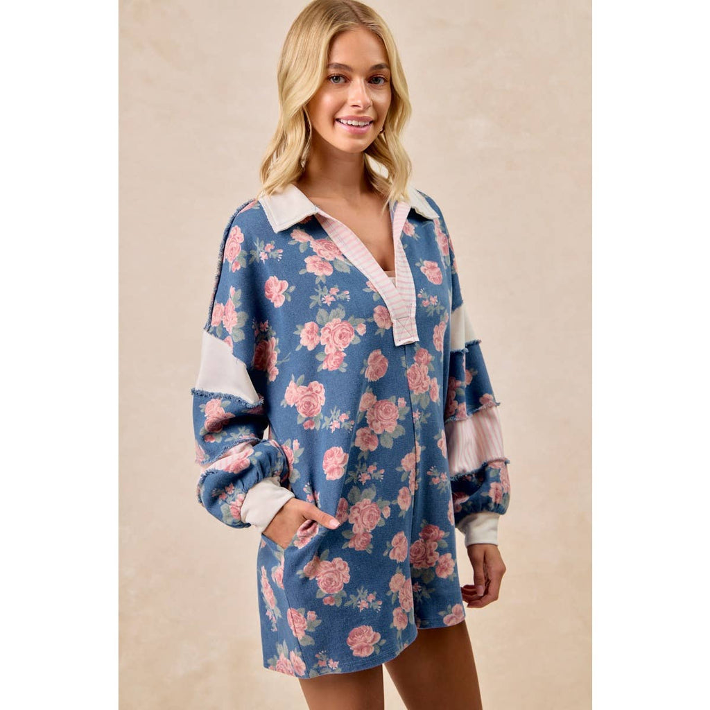 WASHED FLORAL DENIM ROMPER WITH CONTRAST COLLAR