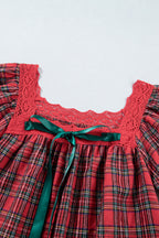 Red Plaid Square Collar Lace Trim Short Sleeve Shift Mini Dress
