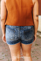 Horse Floral Printed Frayed Hem Mid Rise Side Slit Shorts