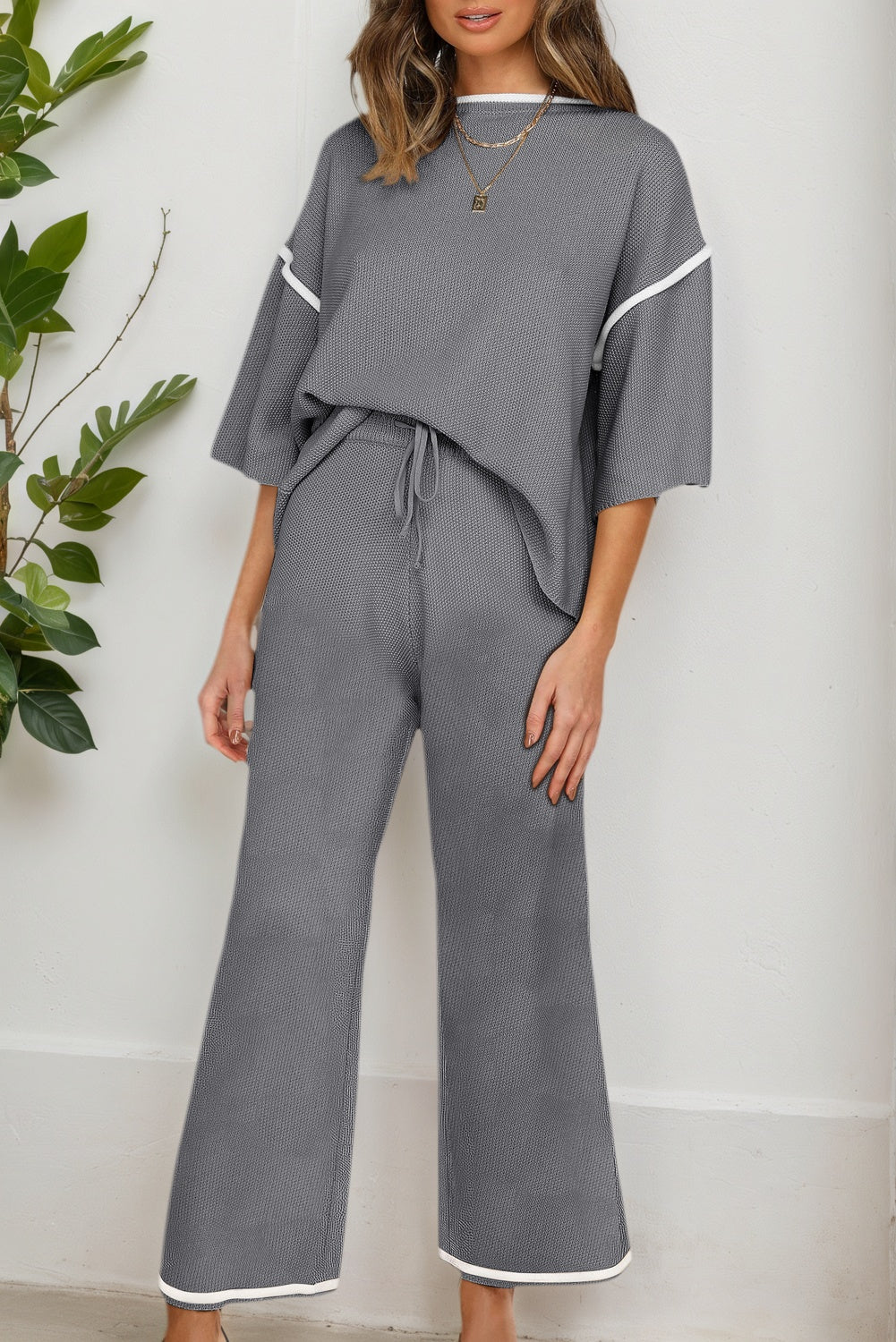 Contrast Trim Half Sleeve Top Drawstring Pants Loose 2pcs Sweater Suit