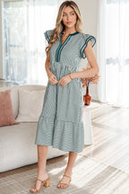 Green Stripe Double Ruffled Short Sleeve Contrast Trim V Neck Midi Dress